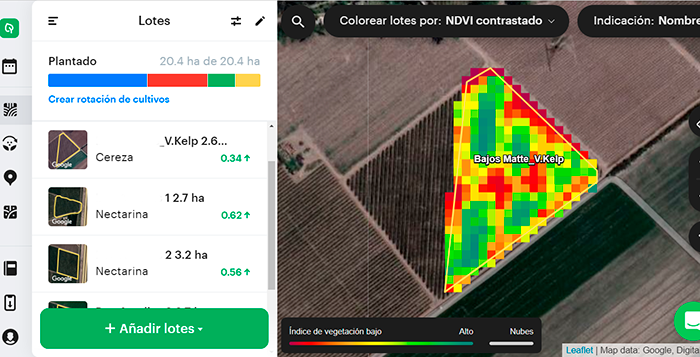 Mapa satelital NDVI del cuartel de cerezos Lapins en plataforma OneSoil